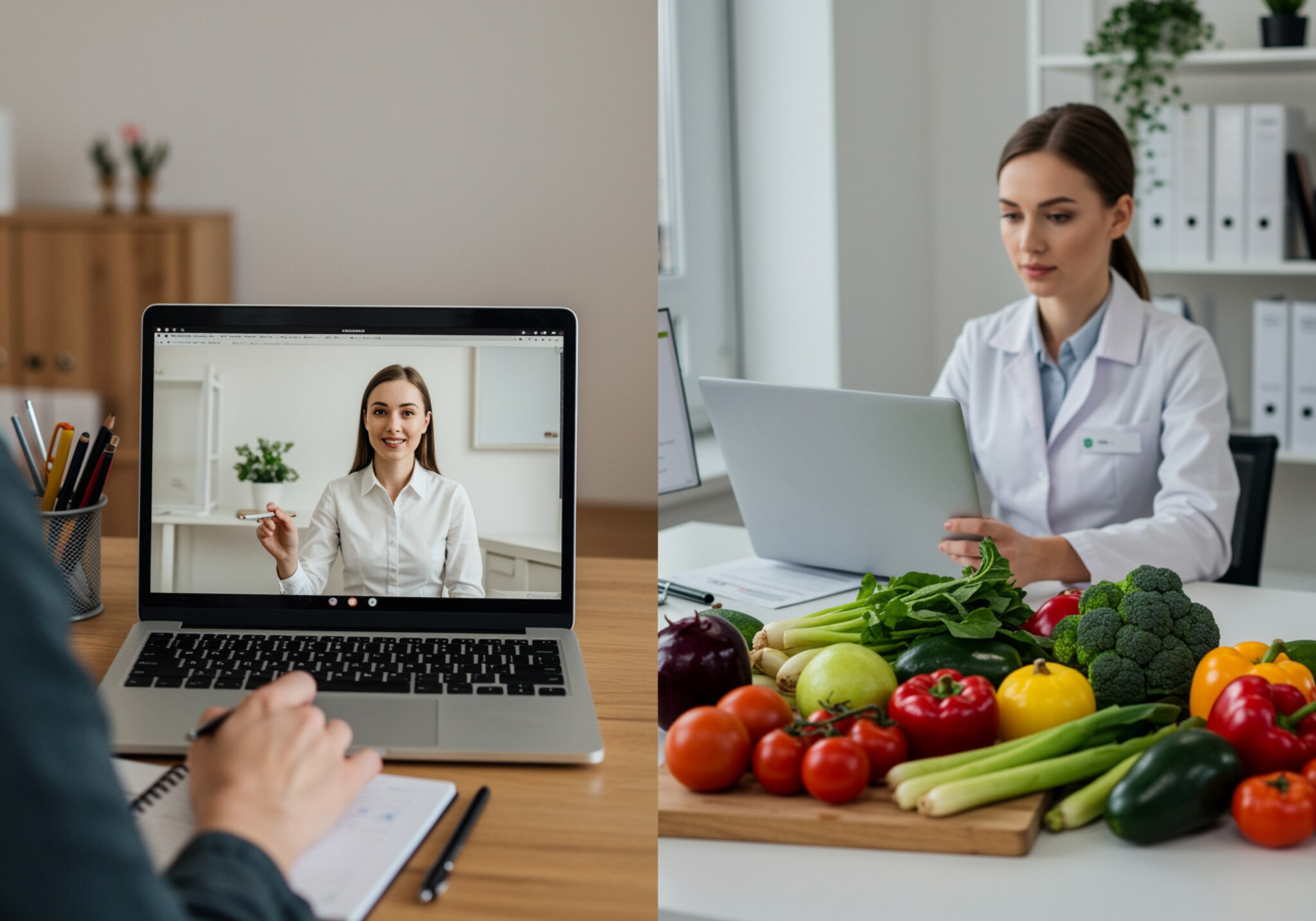 imagen1 1 "Consulta de nutrición en línea y presencial con productos frescos en un entorno moderno y organizado."