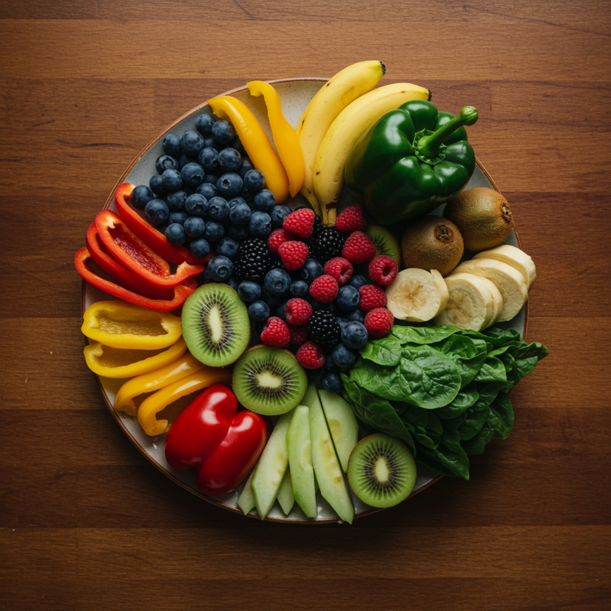 imagen2 1 "Plato atractivo con una variedad de frutas y verduras coloridas como bayas, kiwi, pimientos y hojas verdes, presentado sobre una mesa de madera en un estilo fresco y vibrante."