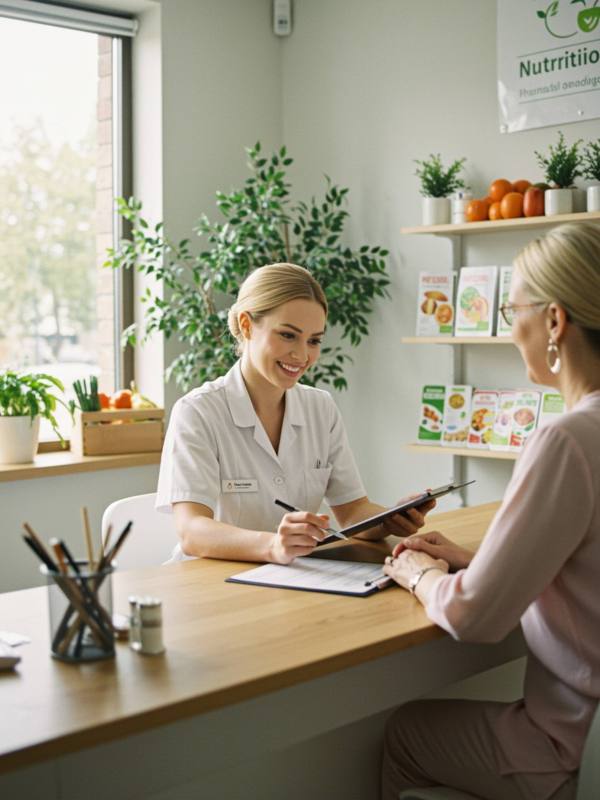imagen26 1 "Recepción de clínica de nutrición con nutricionista sonriente revisando un plan de comidas personalizado, en un ambiente moderno y acogedor, ideal para consultas sobre estilo de vida saludable."