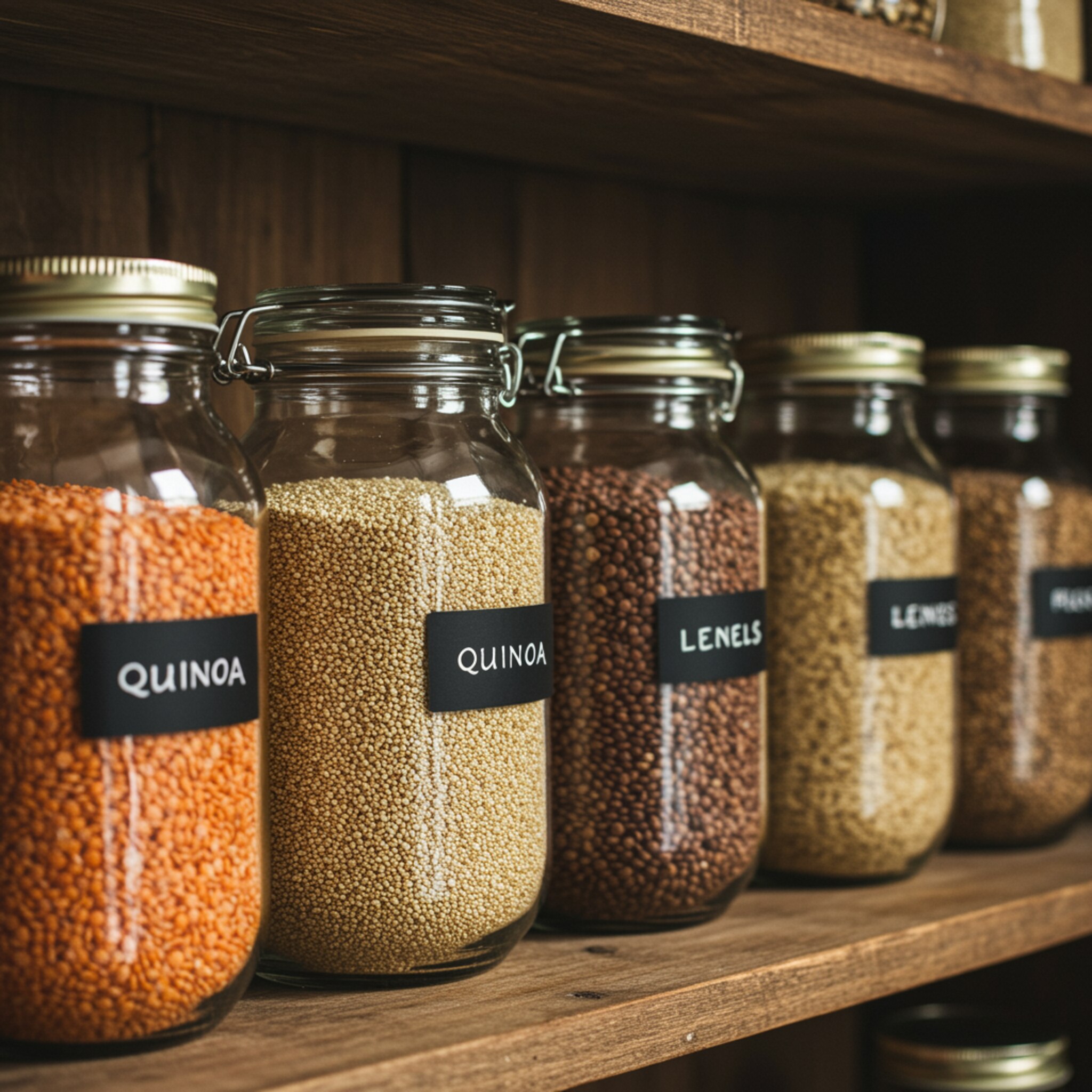 imagen3 1 "Primer plano de frascos de vidrio con granos y legumbres en estante rústico, resaltando ingredientes saludables como quinoa, lentejas y arroz integral."