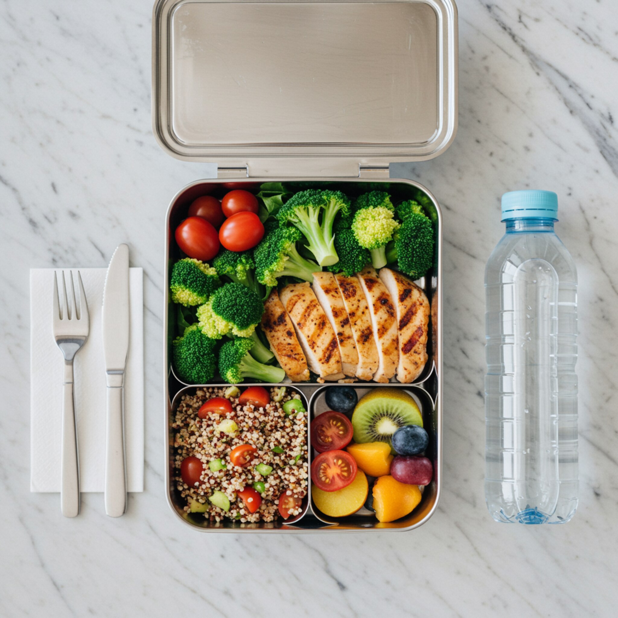 imagen4 1 "Almuerzo saludable y equilibrado en caja con pollo a la parrilla, brócoli al vapor, ensalada de quinoa y frutas, sobre una encimera de mármol blanco."