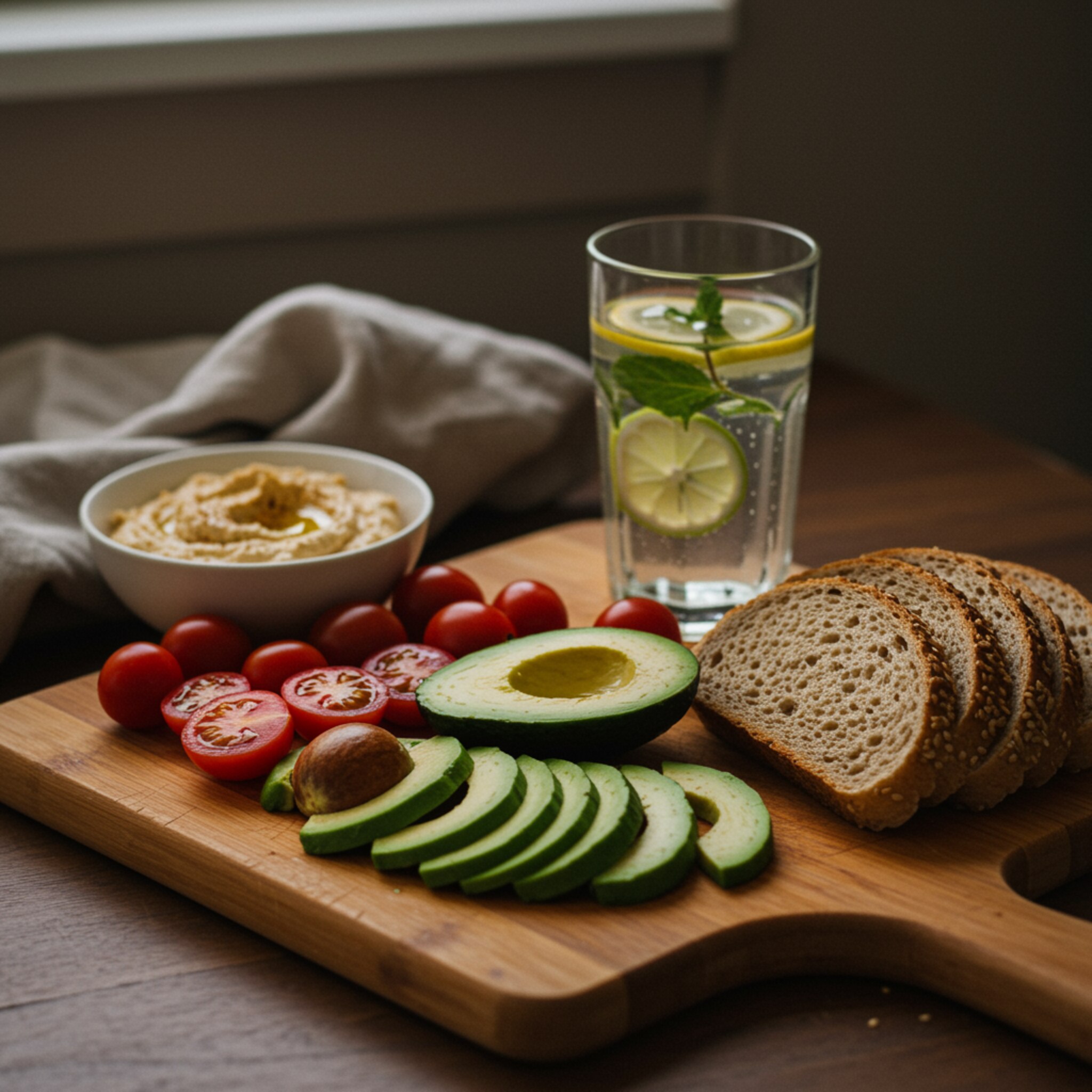 imagen5 1 "Composición de todavía vida con tabla de madera, aguacates en rodajas, tomates cherry, pan integral, hummus y agua infusionada, iluminada por luz natural."