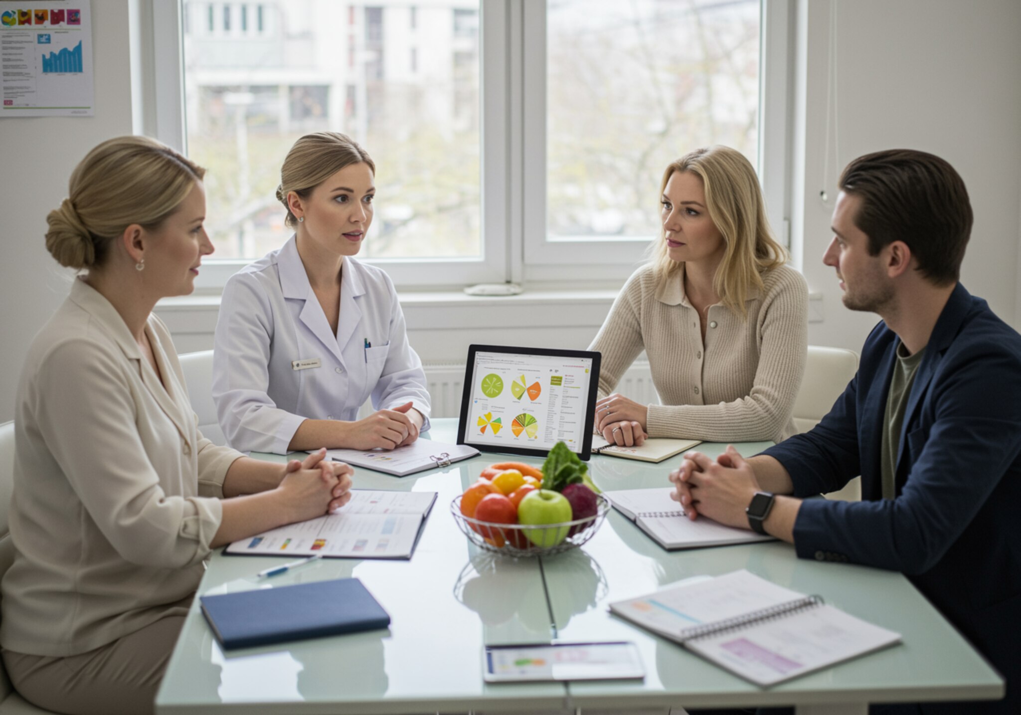 imagen7 1 1 "Consulta nutricional moderna con nutricionista y clientes en ambiente profesional y cálido, ideal para servicios de planes de alimentación personalizados y talleres educativos."