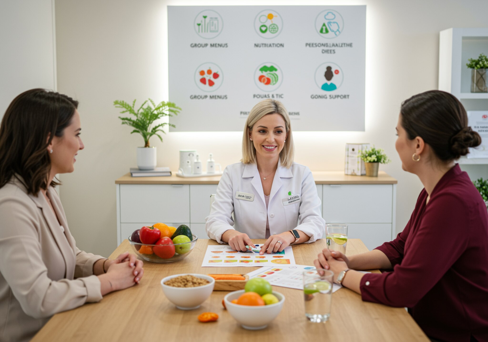 imagen7 1 "Consulta nutricional moderna con dietista sonriente y clientes, destacando planes de comidas personalizadas y alimentos frescos en un ambiente profesional."